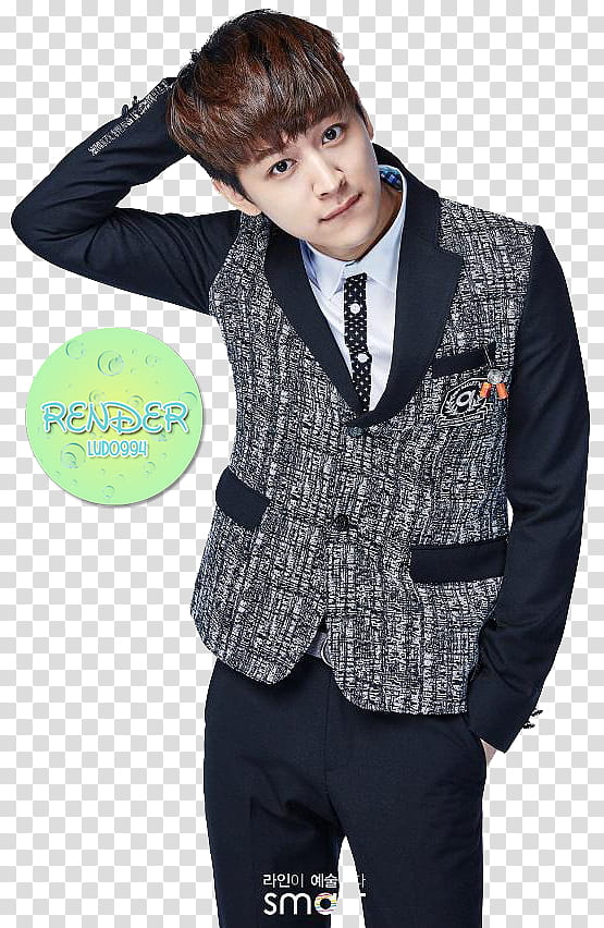 man wearing gray and black parked lapel blazer with right hand on back of head transparent background PNG clipart