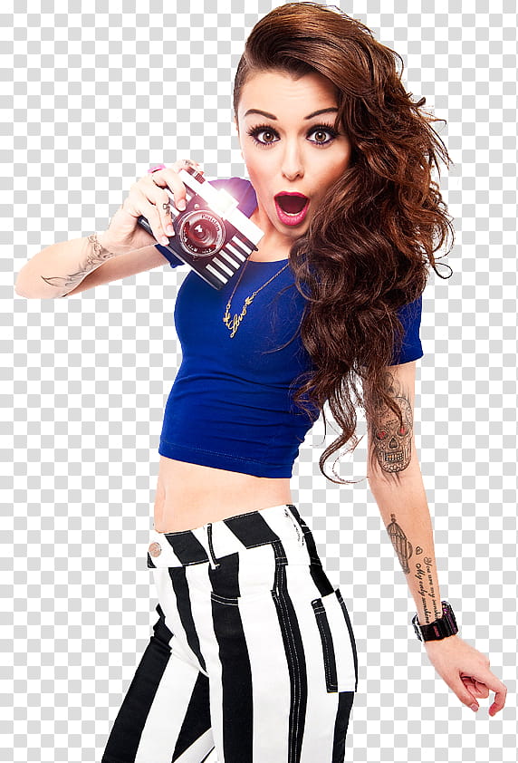 Cher Lloyd, woman in blue crop-top holding digital camera transparent background PNG clipart