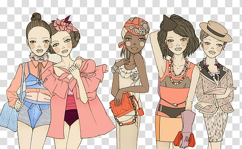 Super  , five women wearing assorted-color dresses animated illustration transparent background PNG clipart