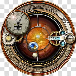 Steampunk Orrery Calendar Clock Yahoo Widget MkII, round brown chronograph watch graphic transparent background PNG clipart