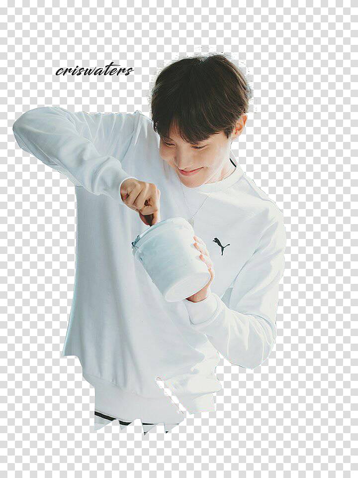 BTS for PUMA, man wearing white Puma crew-neck sweatshirt transparent background PNG clipart