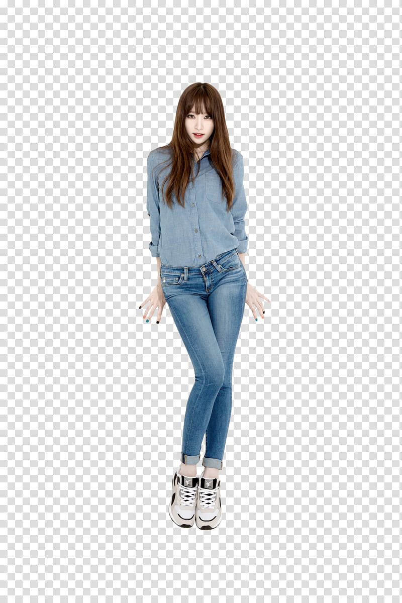 AKIII Classic Hani wearing blue collared button-up long-sleeved shirt and blue denim jeans standing transparent background PNG clipart