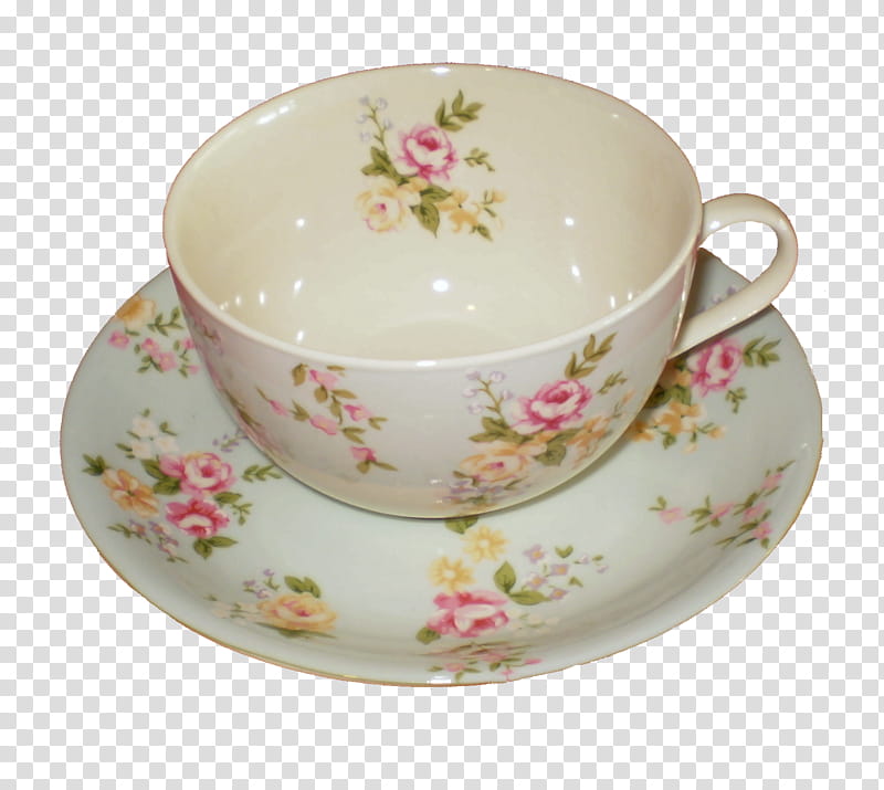 My Fav TeaCup, white and pink floral teacup with saucer transparent background PNG clipart