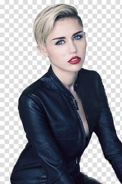 Miley Cyrus, Miley Cyrus wearing red lipstick and black leather jacket transparent background PNG clipart