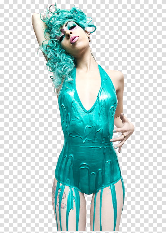 Raquel Reed, woman wearing teal monokini with paint spill on body transparent background PNG clipart