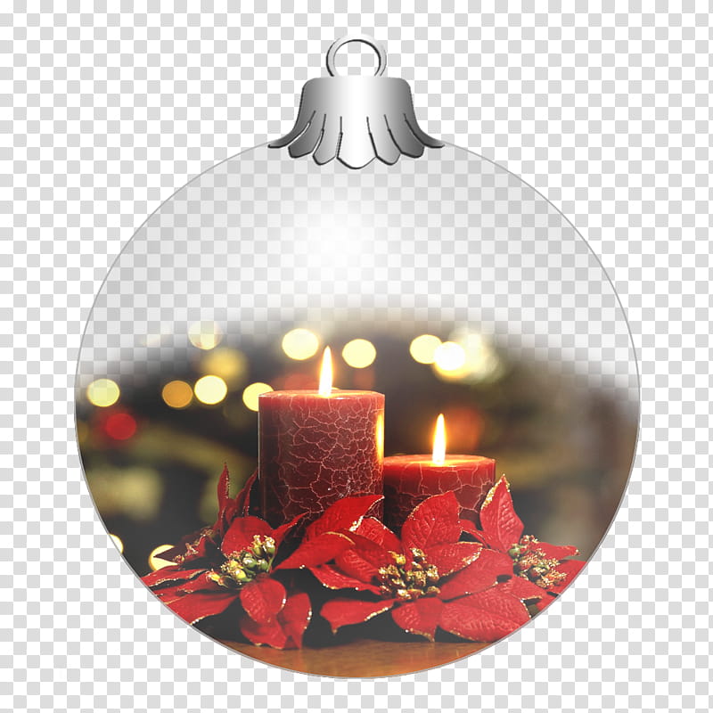 glass balls, two red lit candles transparent background PNG clipart