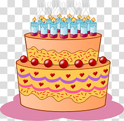 Party , orange cake with lighted candles illustration transparent background PNG clipart