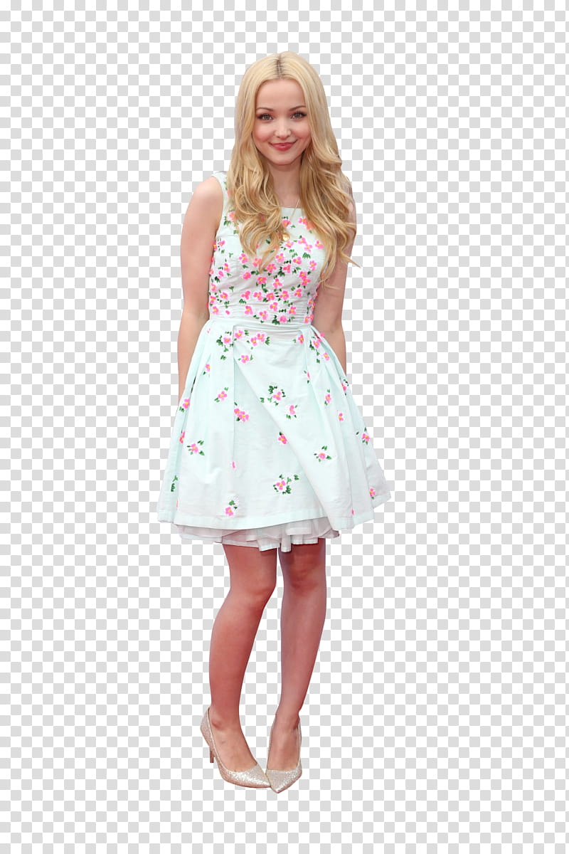Dove Cameron , blonde haired woman in white and pink floral dress smiling transparent background PNG clipart