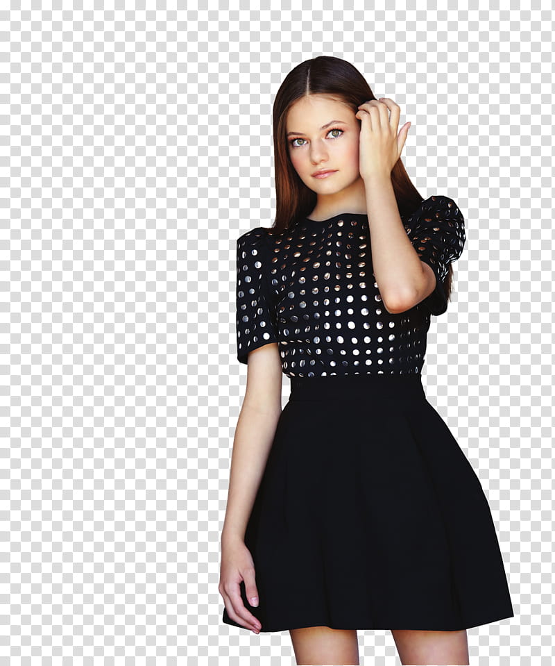 MACKENZIE FOY, woman in black short-sleeved mini dress transparent background PNG clipart