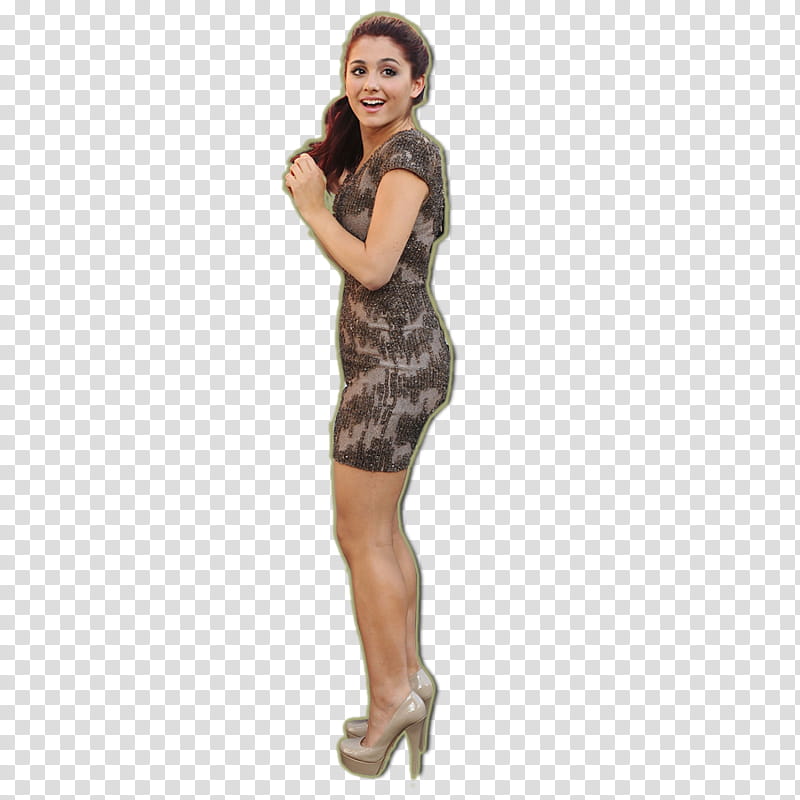 Ariana Grande, smiling woman wearing gray mini dress standing and facing her left side transparent background PNG clipart