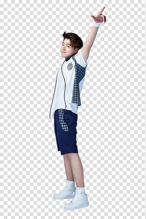 iKON Smart P, man wearing white cardigan and blue shorts transparent background PNG clipart