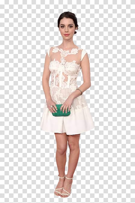 Adelaide Kane, standing woman wearing white illusion top cap-sleeved dress holding clutch bag transparent background PNG clipart