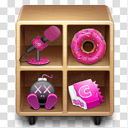 pink microphone beside doughnut and bomb on cubby shelf illustration transparent background PNG clipart