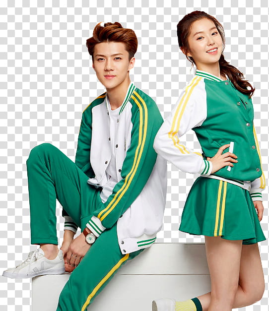 exo and irene red velvet ivy club, woman wearing green letterman jacket transparent background PNG clipart