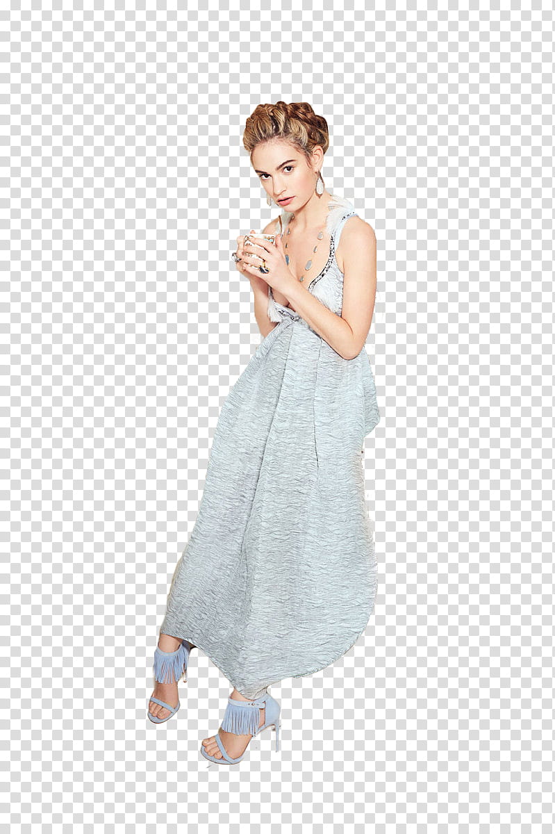 Lily James, woman wearing gray dress transparent background PNG clipart