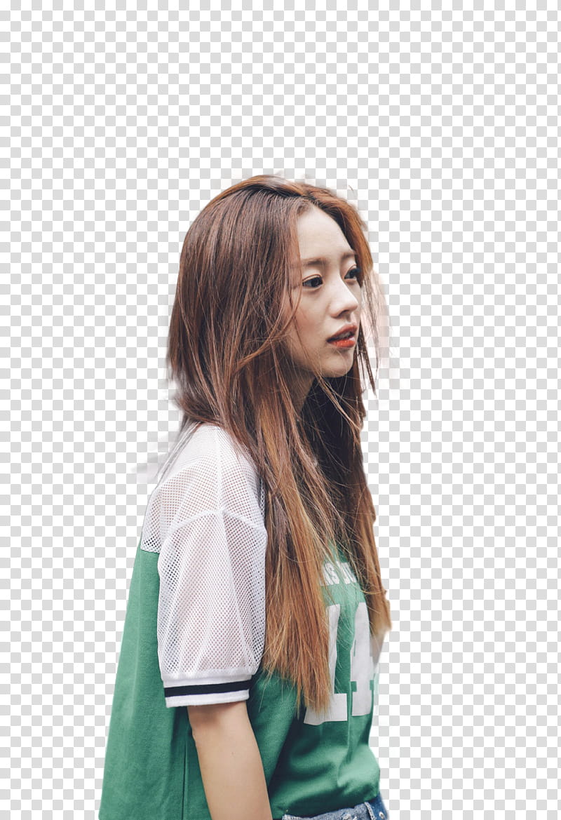Park Seul wearing white and green t-shirt standing and facing he left side transparent background PNG clipart