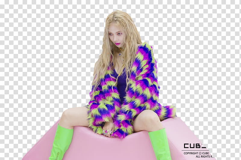 Hyuna, woman wearing fleece dress sitting on pink block transparent background PNG clipart