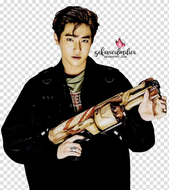EXO Suho The Power Of Music, man holding brown and beige Nerf Mega gun toy transparent background PNG clipart