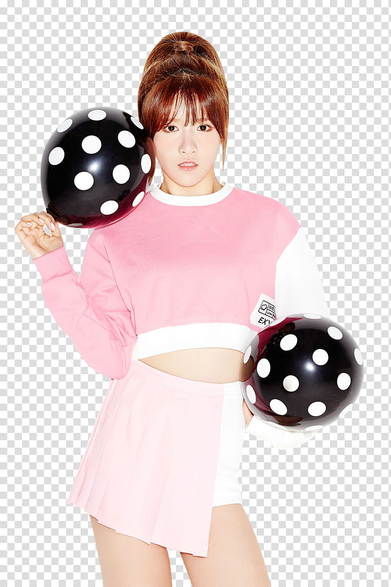 Cosmic Girls WJSN, woman wearing white and pink sweatshirt and skirt holding two balloons transparent background PNG clipart