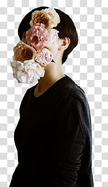 Male Model , woman wearing black sweatshirt with pink and white peonies on face transparent background PNG clipart