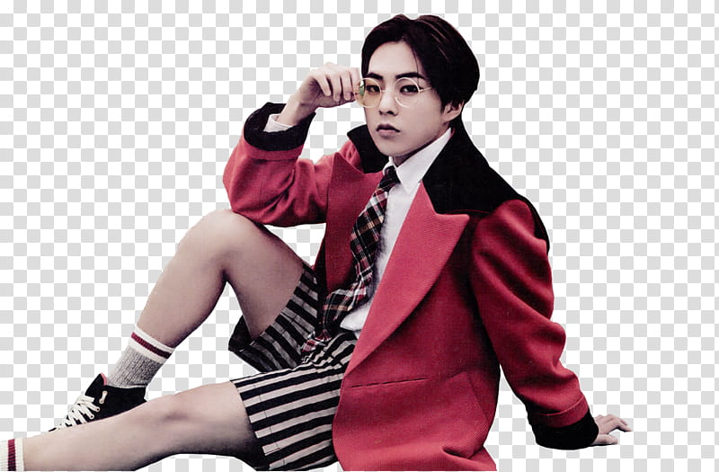 Love me Right Xiumin EXO, man sitting down while wearing red and black blazer transparent background PNG clipart