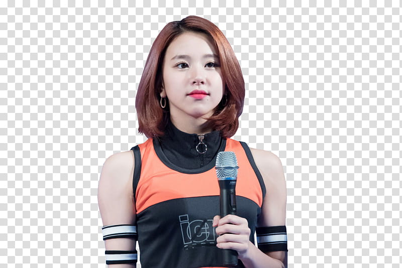 Twice Chaeyoung, standing woman wearing orange and black tank top holding microphone transparent background PNG clipart
