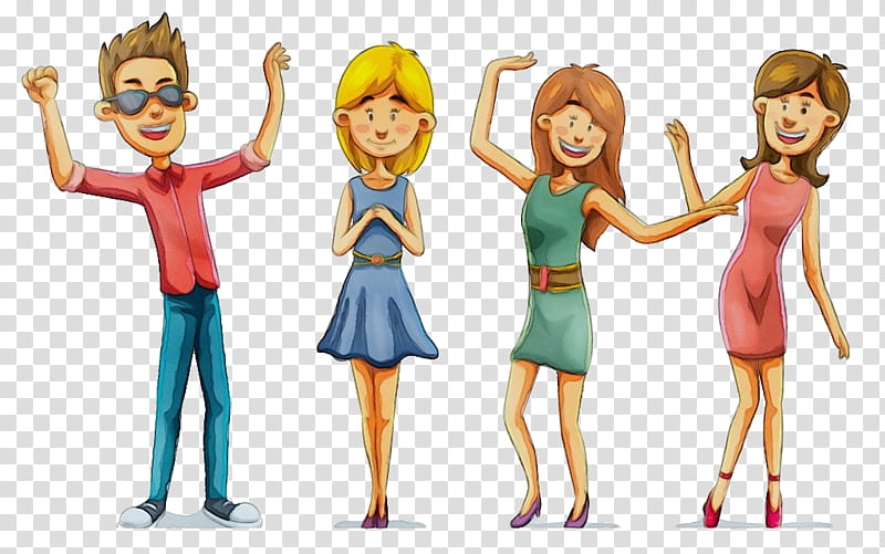 cartoon social group animated cartoon fun friendship, Watercolor, Paint, Wet Ink, Human, Gesture, Happy transparent background PNG clipart