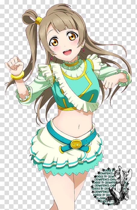 RENDER Kotori Minami Love Live, female anime character wearing green and teal crop-top and skirt transparent background PNG clipart