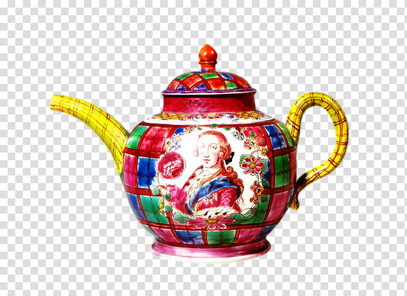 Tea Pot, red and green ceramic teapot transparent background PNG clipart