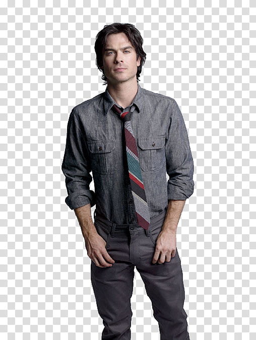 Damon Salvatore Ian Somerhalder, man wearing gray dress shirt and gray dress pants transparent background PNG clipart
