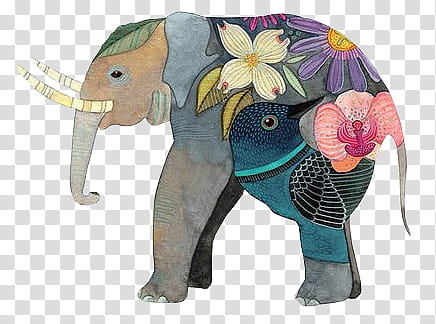 Senseless s, multicolored elephant, bird, and flowers illustration transparent background PNG clipart