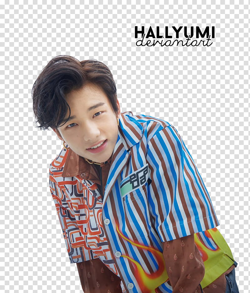 Hyunjin and Jeongin, man wearing blue and brown pinstriped button-up top transparent background PNG clipart