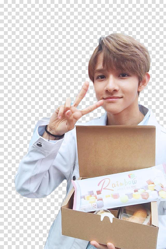 Kim Samuel wearing white long-sleeved shirt holding box while standing and making peace hand sign transparent background PNG clipart