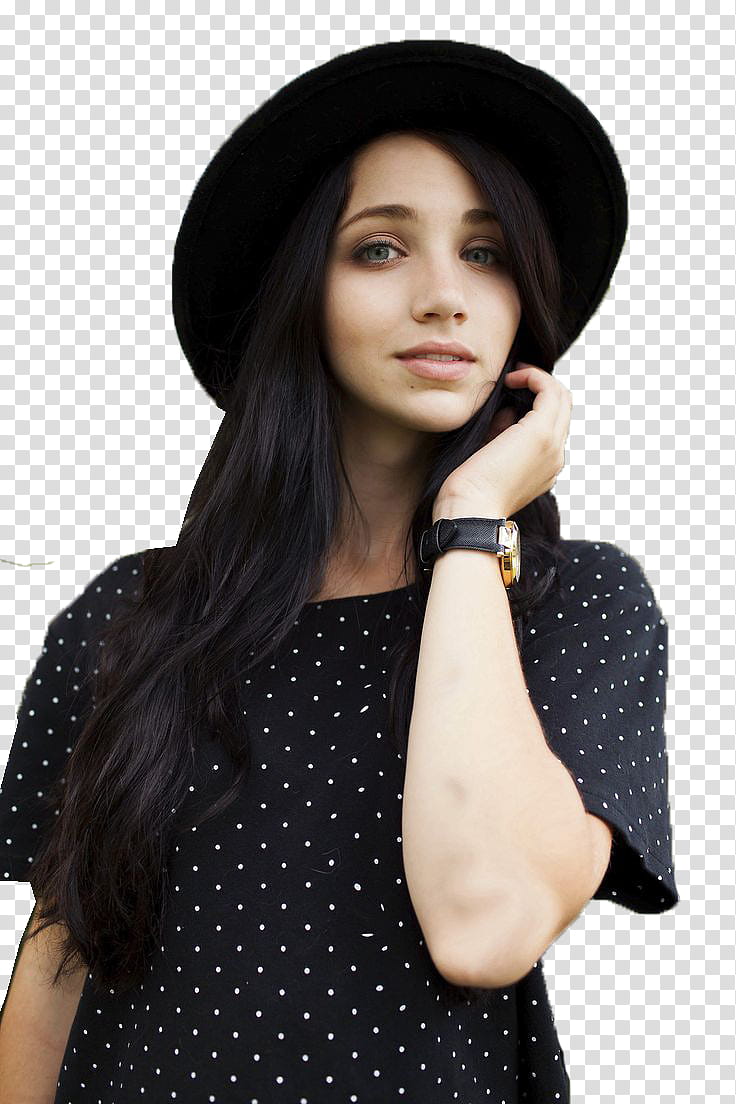 Emily Rudd, woman wearing black and white polka-dot crew-neck shirt and black hat transparent background PNG clipart