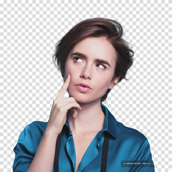Lily Collins , woman thinking in blue collared shirt transparent background PNG clipart