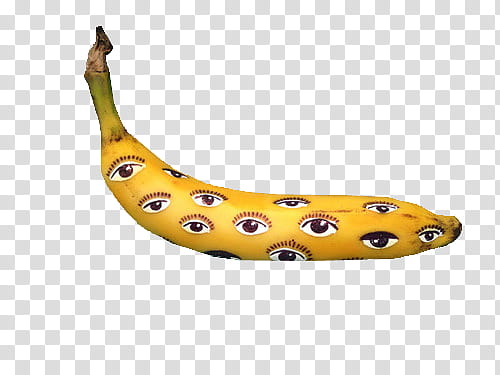 yellow banana fruit with eyes printed on peel transparent background PNG clipart