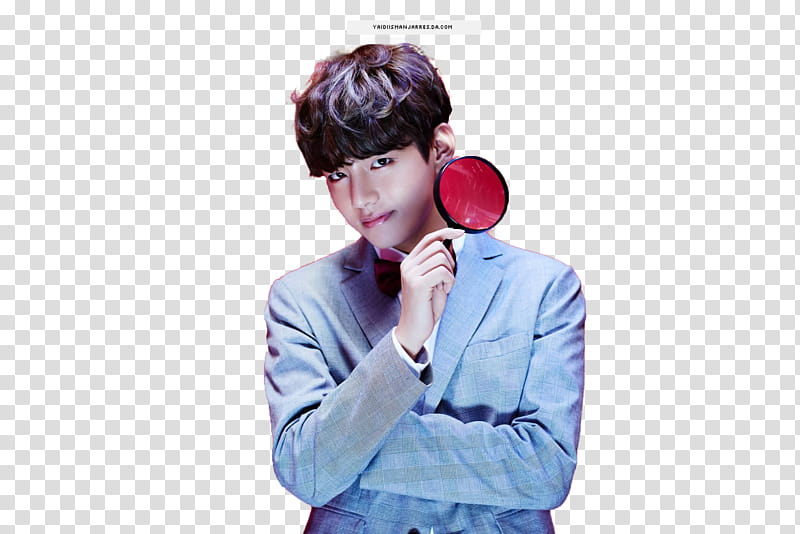 BTS , man in blue suit jacket holding red magnifying glass transparent background PNG clipart