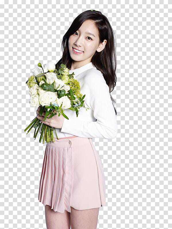 Render Tae Yeon, smiling Kim Taeyeon holding white flowers transparent background PNG clipart