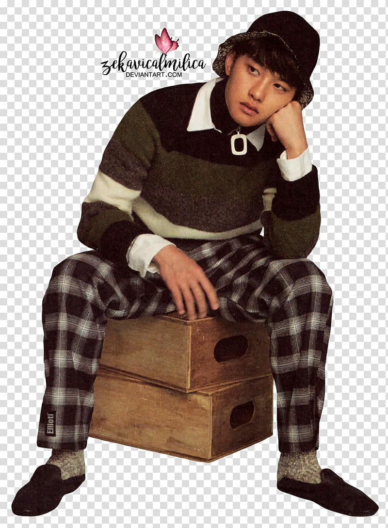 EXO D O  Season Greetings, man sitting on brown wooden boxes transparent background PNG clipart