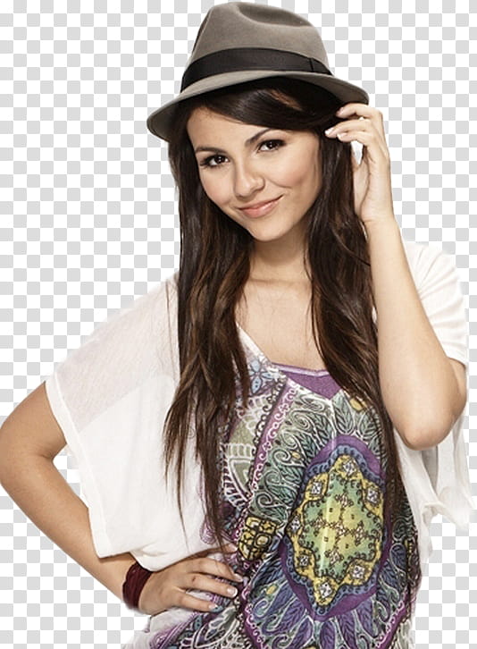 Victoria Justice, woman wearing gray fedora hat akimbo transparent background PNG clipart