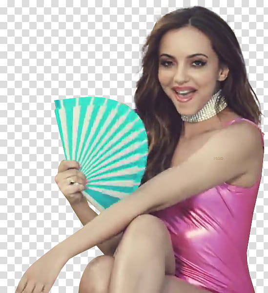 Little Mix, woman holding teal hand fan transparent background PNG clipart