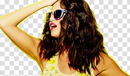 Selena Gomez Hit The Lights, woman wearing yellow tank top and sunglasses while holding her hair transparent background PNG clipart