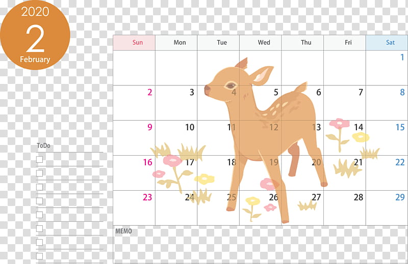 February 2020 Calendar February 2020 Printable Calendar 2020 Calendar, Deer, Text, Line, Fawn, Wildlife transparent background PNG clipart