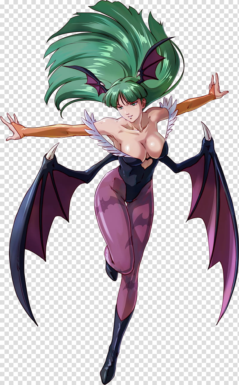 Morrigan Project X Zone, girl wearing purple wings anime illustration transparent background PNG clipart