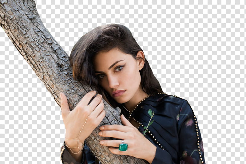 PHOEBE TONKIN  S, woman in black long-sleeved top hugging tree trunk transparent background PNG clipart