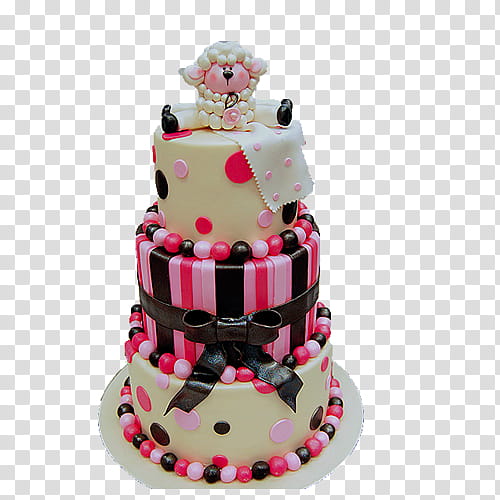 Cakes, round white, pink, red, and black -layer fondant cake with sheep accent transparent background PNG clipart