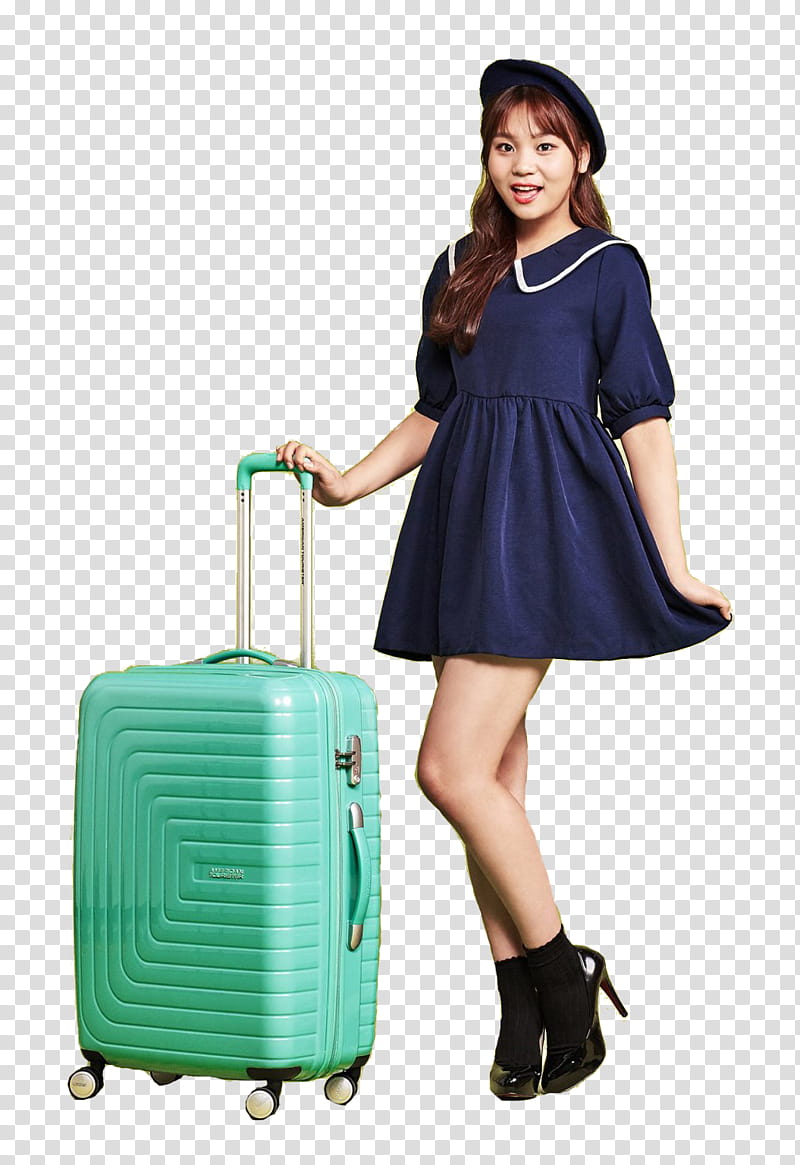 woman in black dress beside teal luggage transparent background PNG clipart