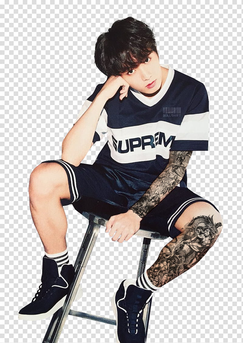Jikook Tattoo, man wearing blue and white crew-neck t-shirt with shorts transparent background PNG clipart