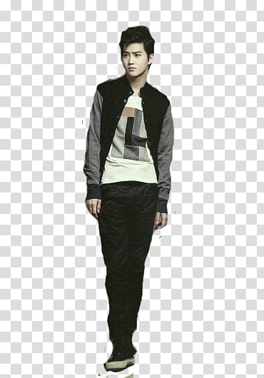 EXO Men Style Ver, man wearing black and grey zip-up jacket with white inner shirt and black pants transparent background PNG clipart