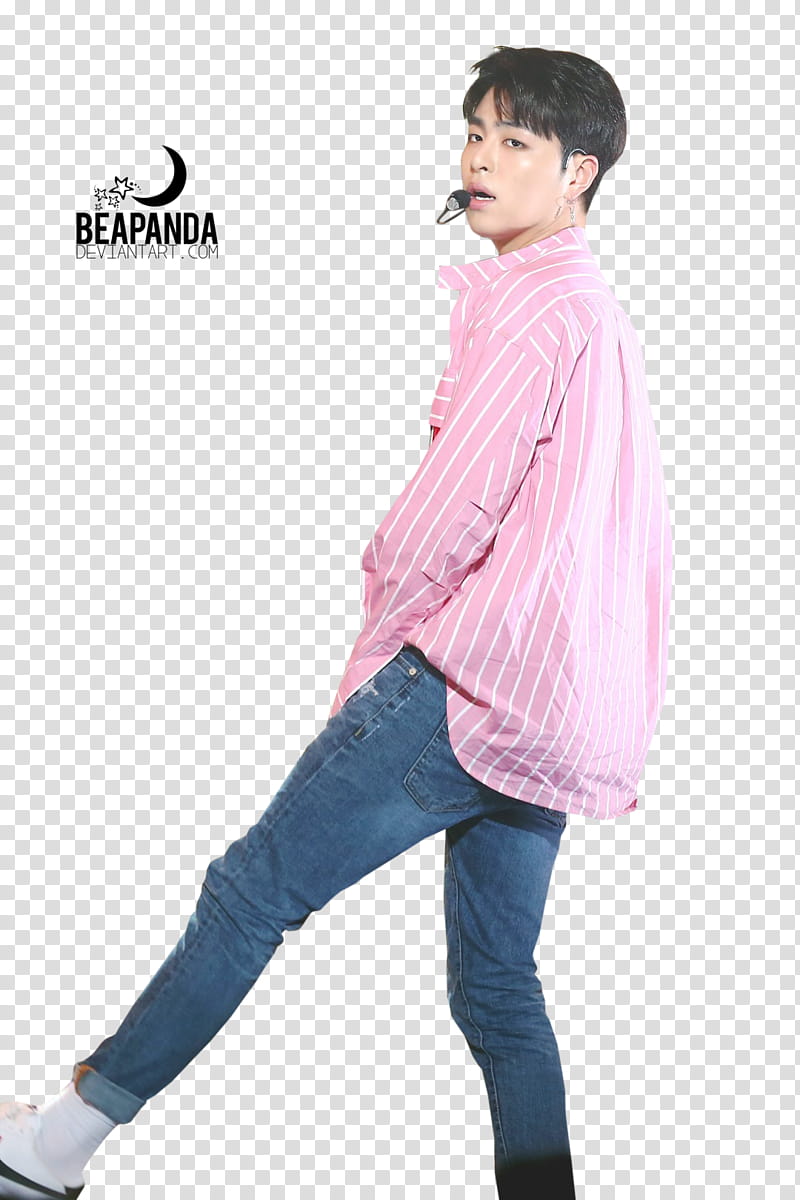 iKON, man wearing pink pinstriped dress shirt and blue denim jeans transparent background PNG clipart